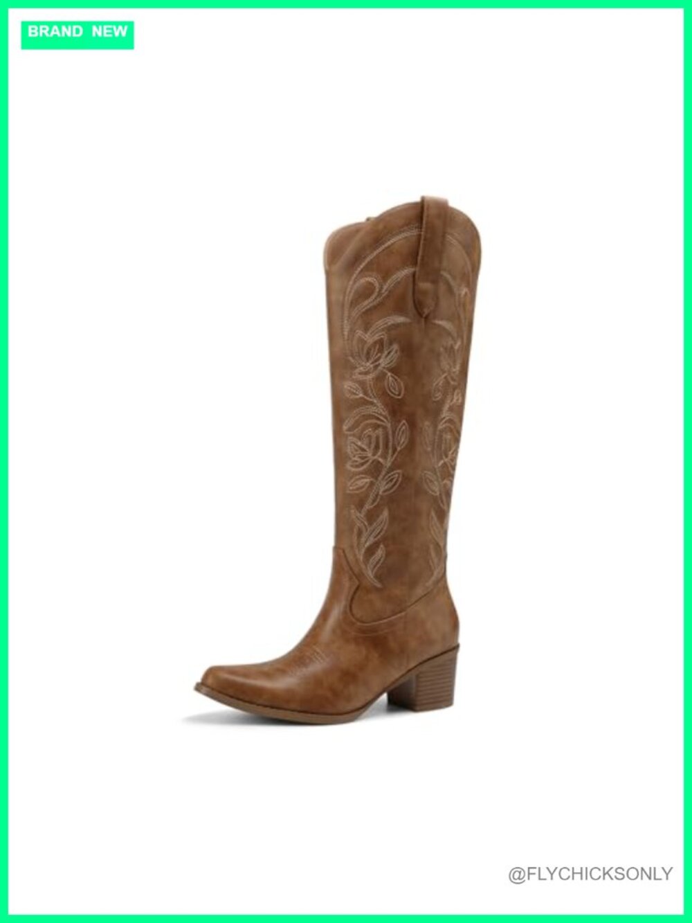 Knee High Cowboy Boots Square Toe Faux Leather Western Floral Embroidered